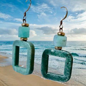 Jade Square Hoop Earrings Dangle Drop Hook French Wires Pierced Ears